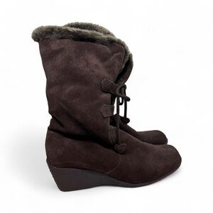 London Fog Brown Suede Faux Fur Wedge Boots